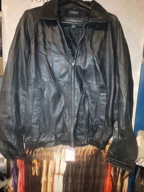 Men's Black Lambskin Bomber Jacket  Classic Zip Front by Perry Ellis - Portfolio